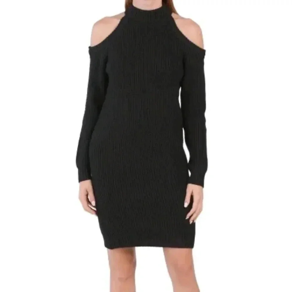 TAHARI Long Sleeve Sweater Dress Open Shoulder Black
